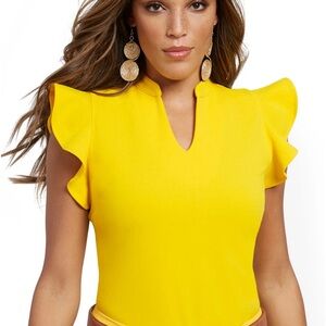 NY&C Yellow Split-Neck Ruffle Top - 7th Avenue. Size M